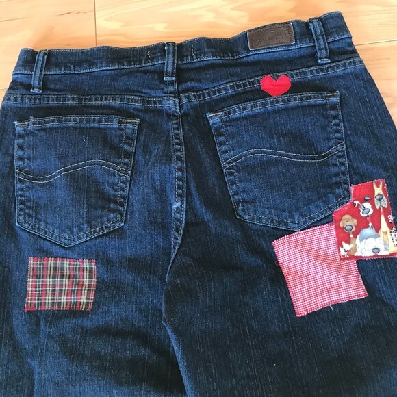 Upcycled Patchwork Jeans: Boho Distressed Denim with Puppies, Size 12 Short - Picture 5 of 13